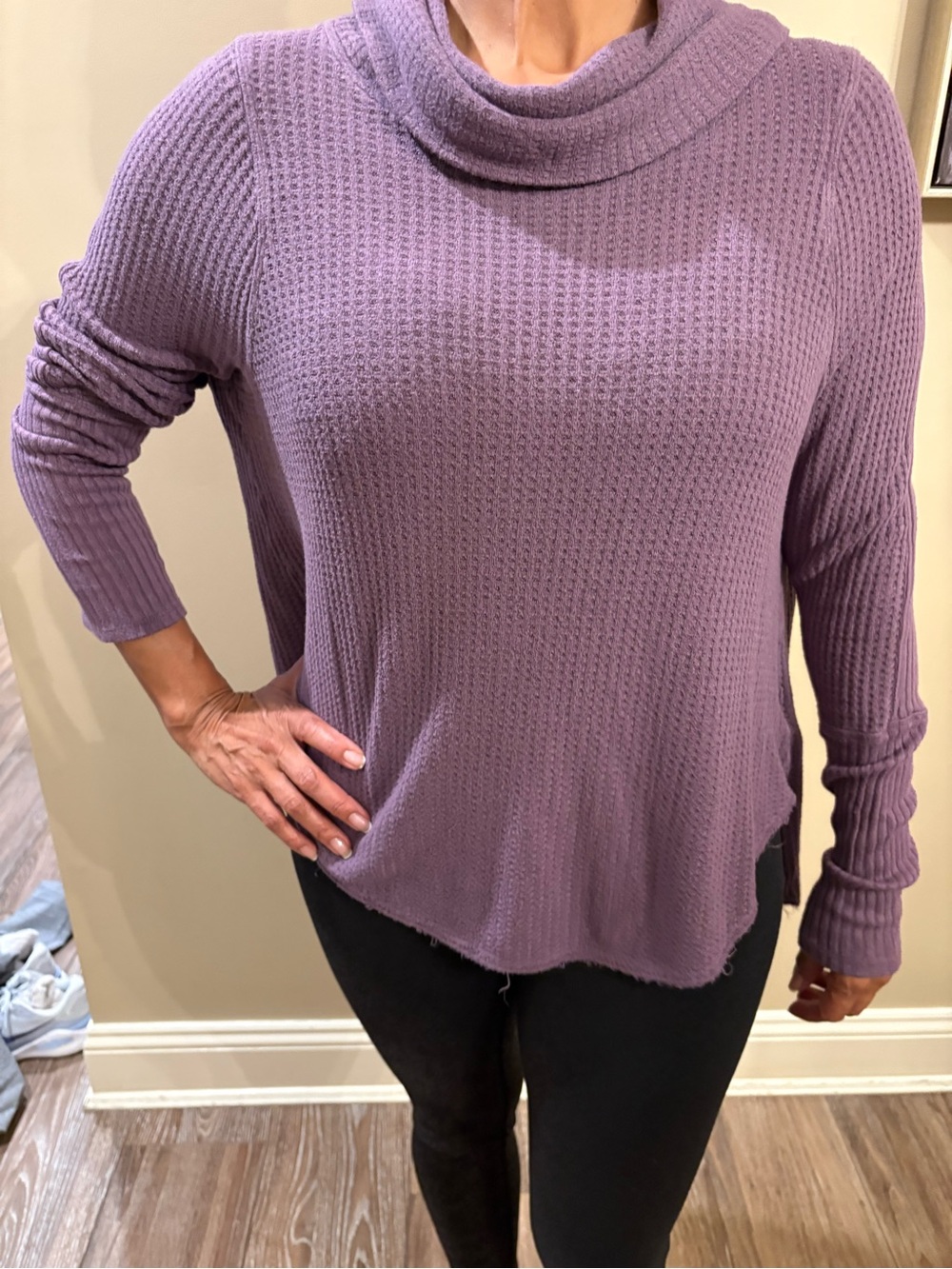 We The Free Free People Lavender Waffle Cowl Neck Sweater with seam details